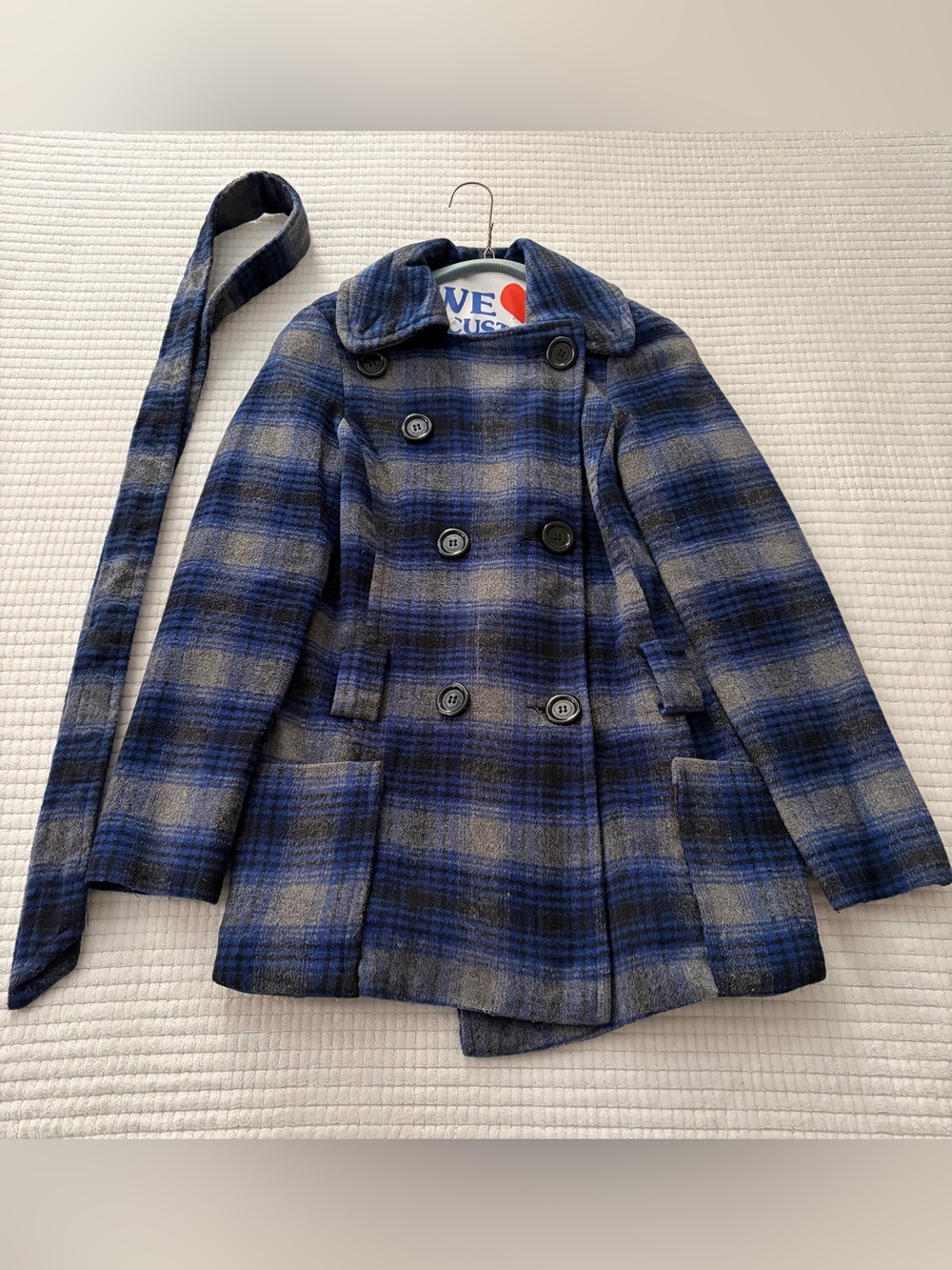 Jou Jou Early 2010s Plaid Double-Breasted Blue & Gray Wool-Blend Peacoat Size S